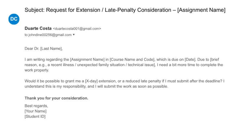 Late assignment submission online: Email template to a professor requesting a deadline extension.