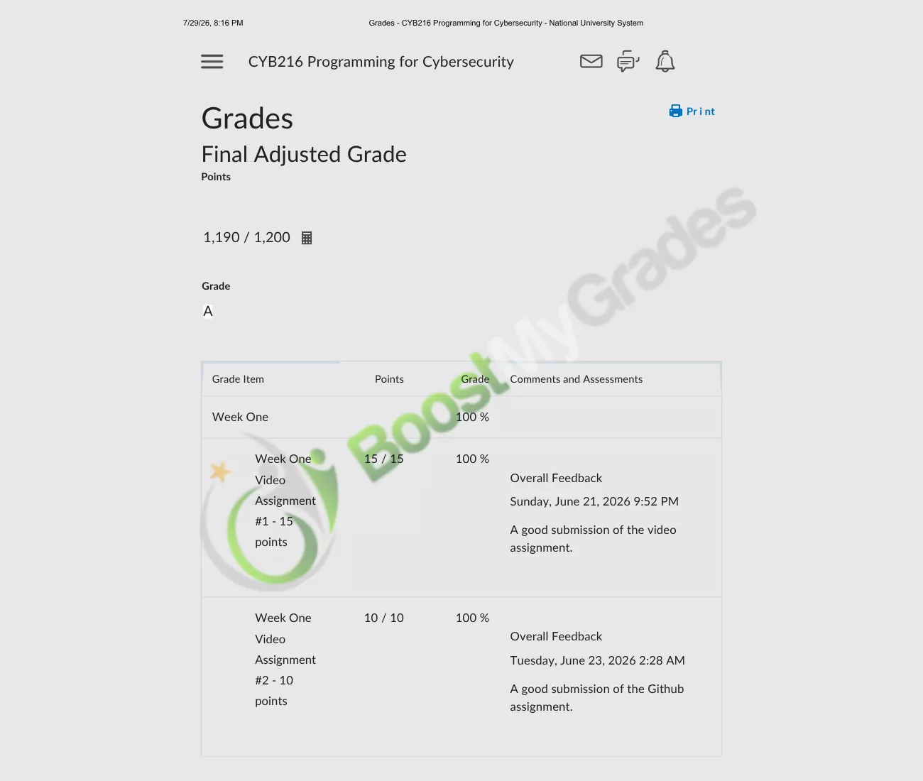 Canvas LMS grades report showing top quiz scores and completed course assignments