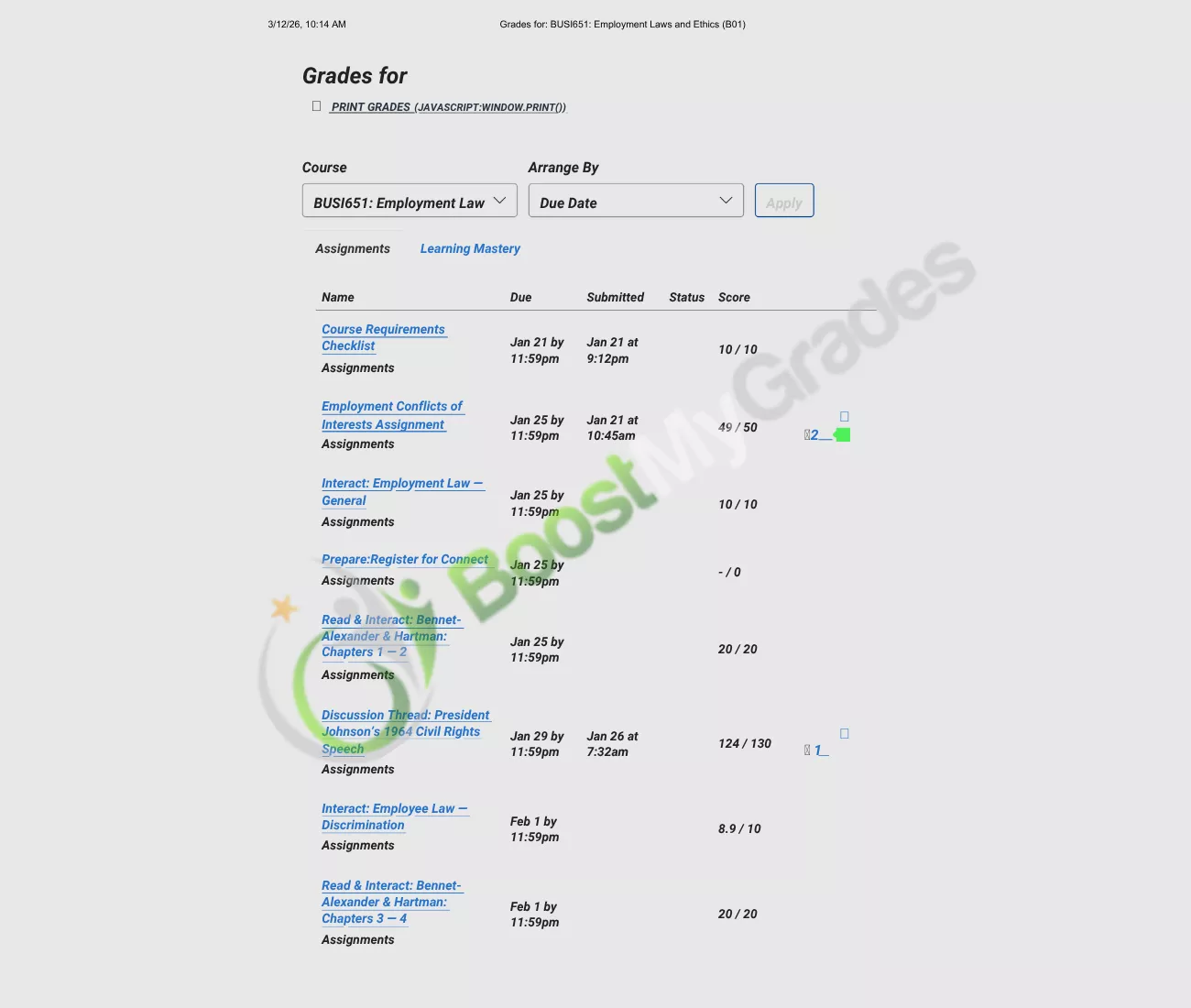 Cybersecurity course grade report displaying a final adjusted grade of A and full points