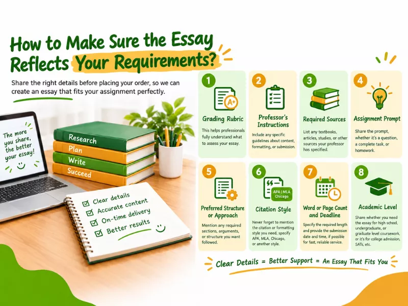 Infographic showing 8 tips to ensure a custom essay matches your exact requirements