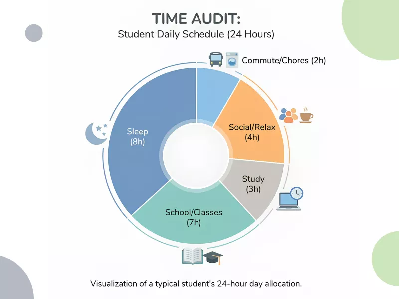 Infographic showing a 24-hour time audit for a student, broken down into segments: Sleep (8h), School (7h), Social/Relax (4h), Study (3h), and Commute/Chores (2h).