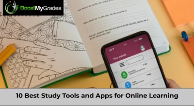 10 Best Study Tools and Apps for Online Learning, featuring a phone with study apps displayed