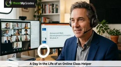 Online class helper wearing a headset, looking at dual monitors showing a video call