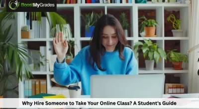Student waving near a laptop during online class with BoostMyGrades logo and guide title