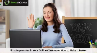 A smiling woman waves at her laptop, making first impression in your online classroom in a bright home office