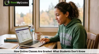 Student reviewing grades on laptop, demonstrating how online classes are graded system insights.