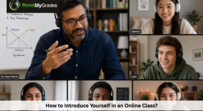 A split-screen Zoom class meeting showing a professor lecturing and five students listening