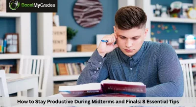 Student studying with books to Stay Productive During Midterms and finals exam preparation.