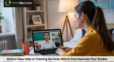 Student comparing online class help vs tutoring services for academic success on a laptop