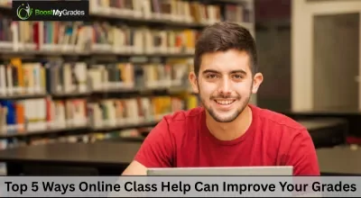 Student studying on a laptop in a library, representing 5 Ways Online Class Help Can Improve Your Grades
