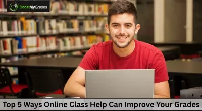 Student studying on a laptop in a library, representing 5 Ways Online Class Help Can Improve Your Grades