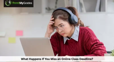 Miss an Online Class Deadline a frustrated student with headphones at her laptop.