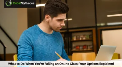 Student studying at laptop worried about failing an online class while taking notes